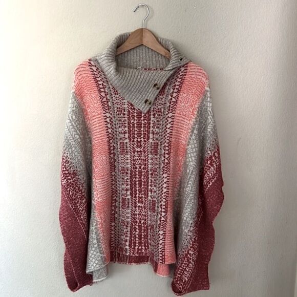 Caslon Jacquard Button Cowl Neck Sweater-Knit Poncho Red Salmon Gray Siz… - Picture 9 of 17